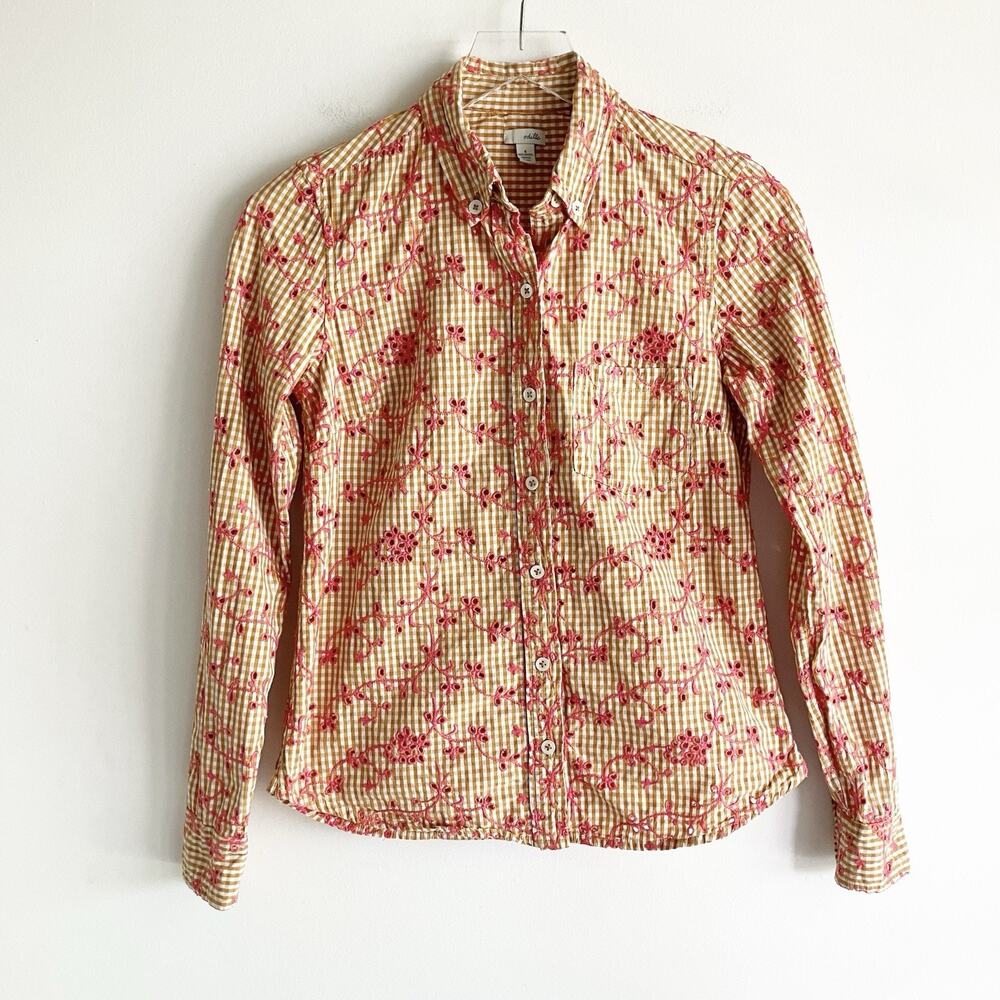 Anthropologie Odille 4 Eyelet Gingham Blouse Button Front Long Sleeve Orange Red - Picture 2 of 7
